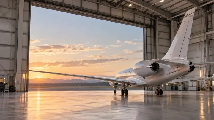 Aircraft inside a hangar at sunset