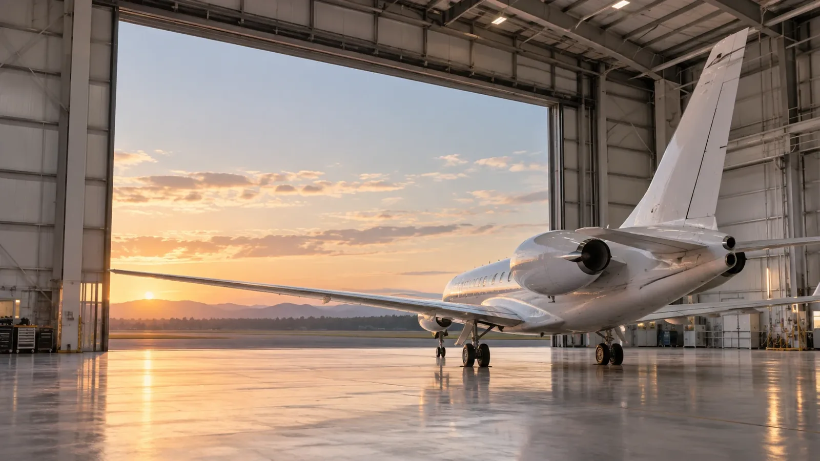 Aircraft inside a hangar at sunset