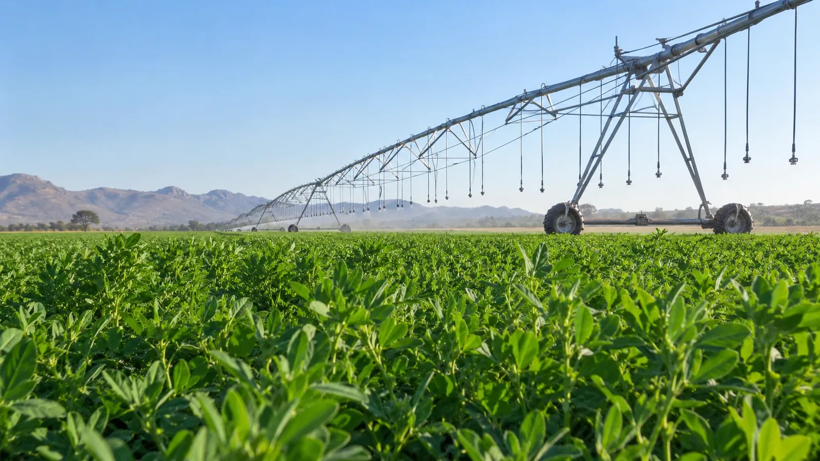 Centre-pivot irrigation above a green crop
