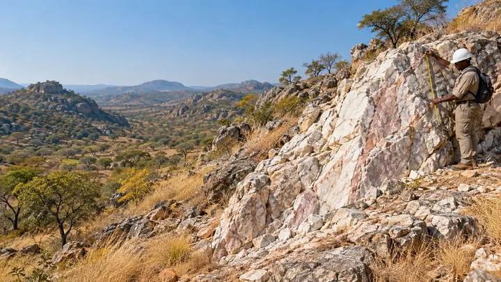 Geologist beside a pale mineral outcrop