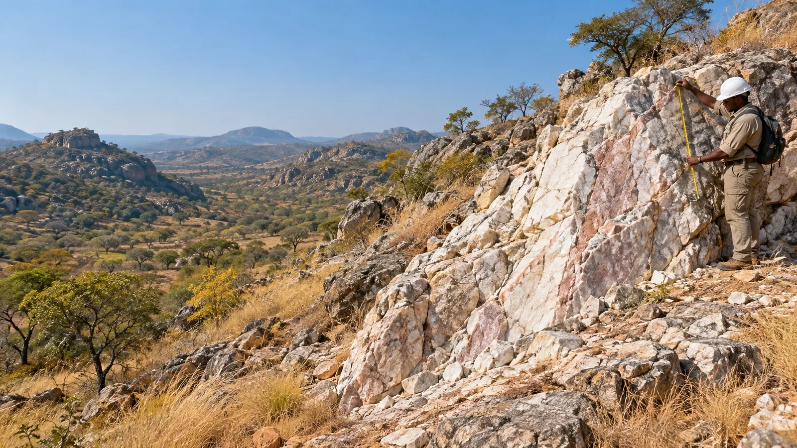 Geologist beside a pale mineral outcrop