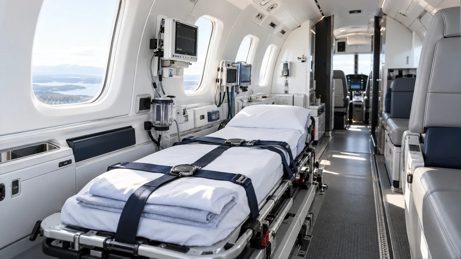 Medical equipment inside an air ambulance cabin
