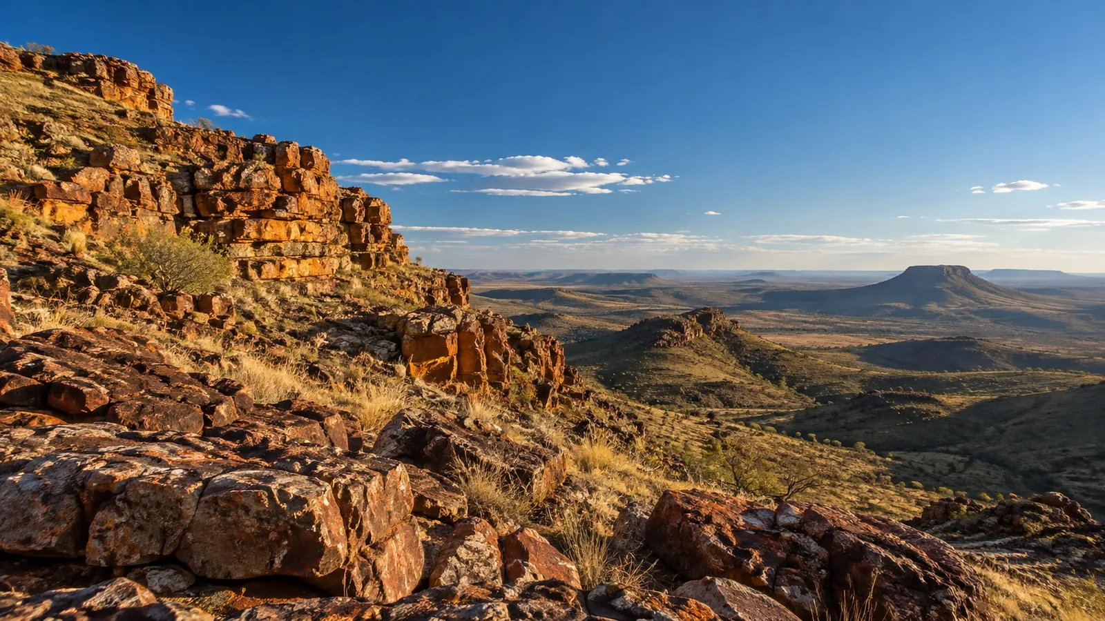 Mineral-bearing rock formations across an open landscape